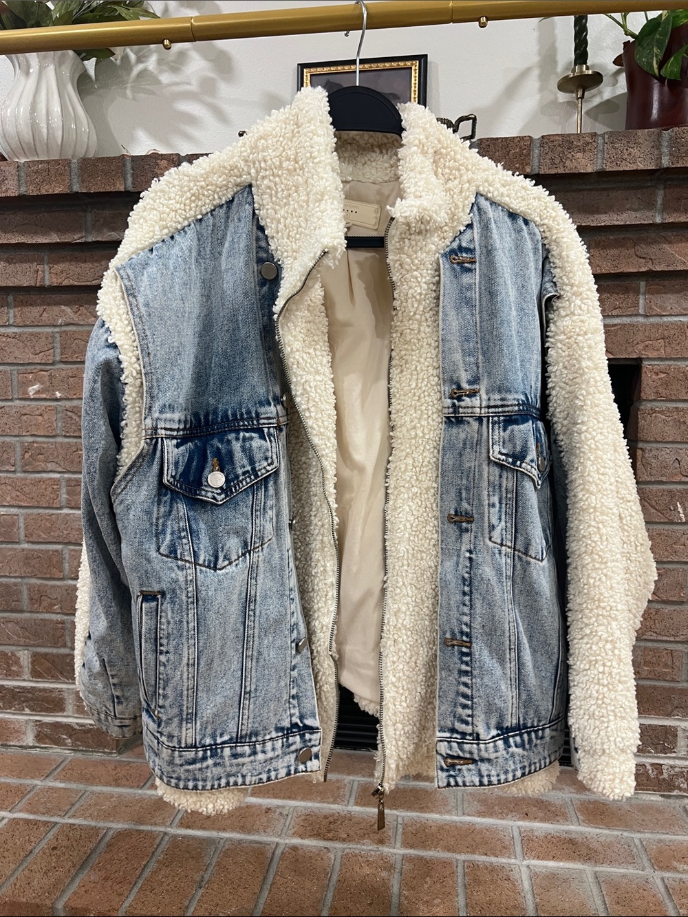 Blank NYC Light Blue Denim Sherpa Jacket with Cream Lining